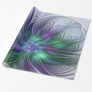 Papel De Regalo Flor Abstracta Moderna Fractal Verde Púrpura