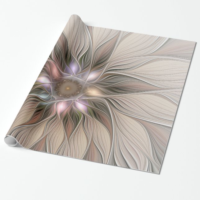 Papel De Regalo Flor alegre Abstracto Fractal floral Beige Brown (Desenrollado)