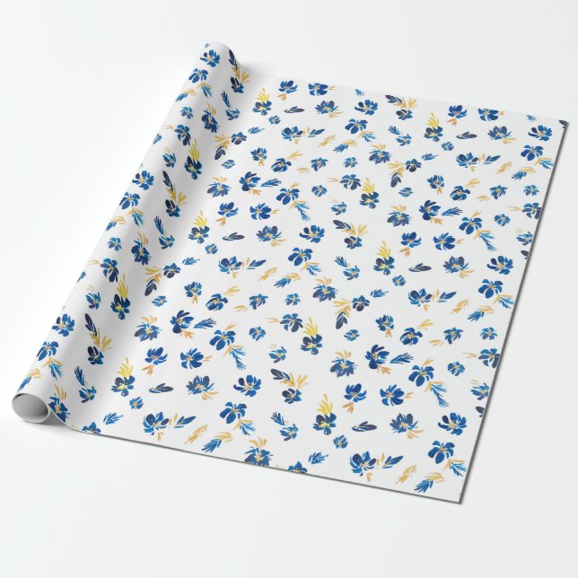 Papel De Regalo Flor azul acuarela y dorada (Desenrollado)