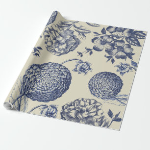 Papel De Regalo Flor azul anticuada impresa floral