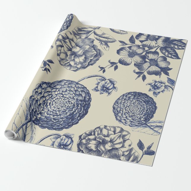 Papel De Regalo Flor azul anticuada impresa floral (Desenrollado)
