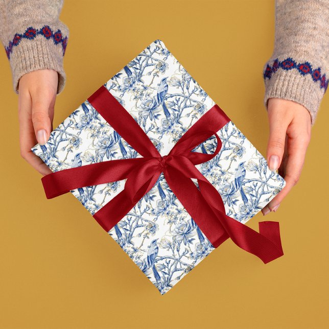 Papel De Regalo Flor azul blanco Chinoiserie de aves asiáticas (Subido por el creador)