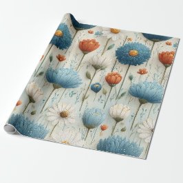 Papel De Regalo Flor Azul Naranja Floral Silvestre 