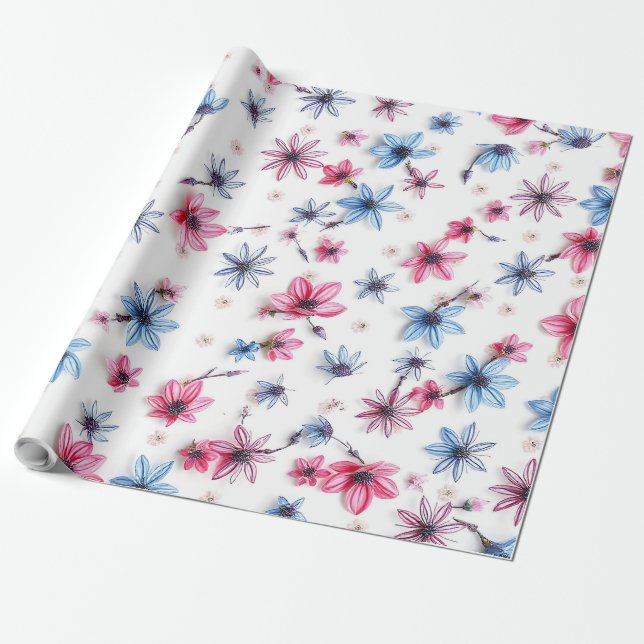 Papel De Regalo flor azul rosa (Desenrollado)