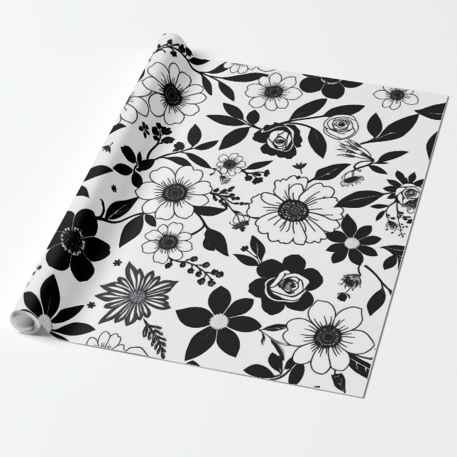 Papel De Regalo Flor blanca y negra (Desenrollado)