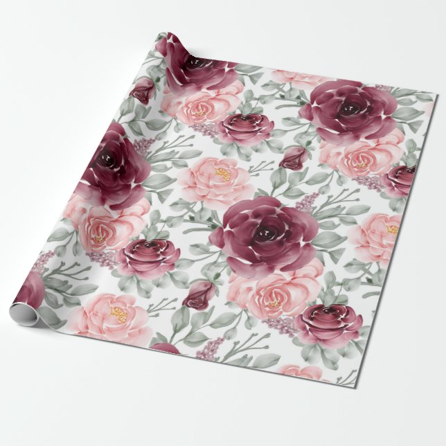 Papel De Regalo Flor de acuarela borgoñona (Desenrollado)