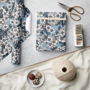 Papel De Regalo Flor de cerezo en blanco y azul