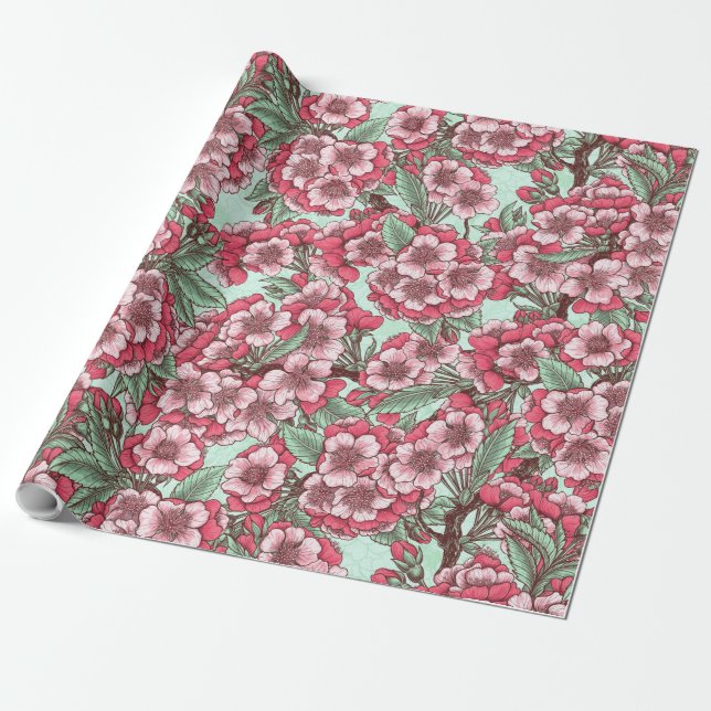 Papel De Regalo Flor de cerezo en rosa y menta (Desenrollado)