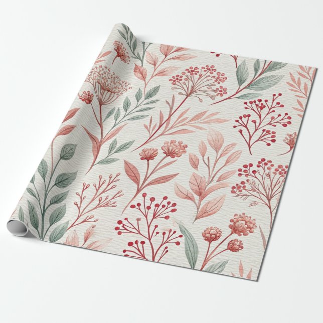 Papel De Regalo Flor de cerezo rosa, patrón de flores y hojas (Desenrollado)