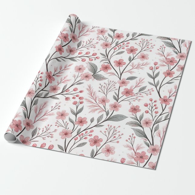 Papel De Regalo Flor de cerezo rosa Sakura en blanco (Desenrollado)