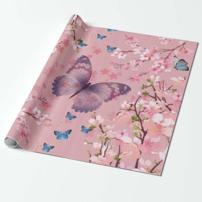 Papel De Regalo flor de cerezo y mariposas (Desenrollado)