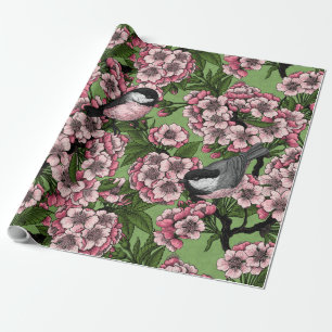 Papel De Regalo Flor de cerezo y pollos en verde