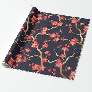 Papel De Regalo Flor de ciruela carmesí dorado bronce naval floral