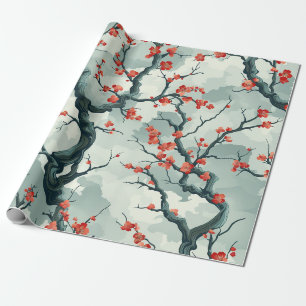 Papel De Regalo Flor de ciruelo roja sobre fondo verde menta con p