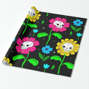 Papel De Regalo flor de cráneo floral de halloween negro