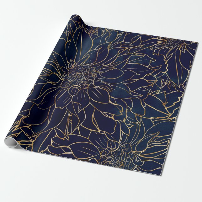 Papel De Regalo Flor de Dahlia dorada y azul (Desenrollado)
