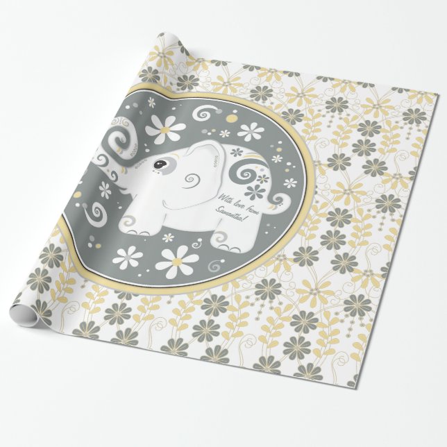 Papel De Regalo Flor de elefante gris amarillo (Desenrollado)