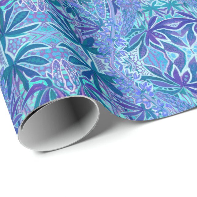 Papel De Regalo Flor de Lupine Bohemia Patrón árabe Azul (Esquina del rollo)