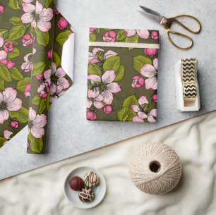 Papel De Regalo Flor de manzana en verde oscuro