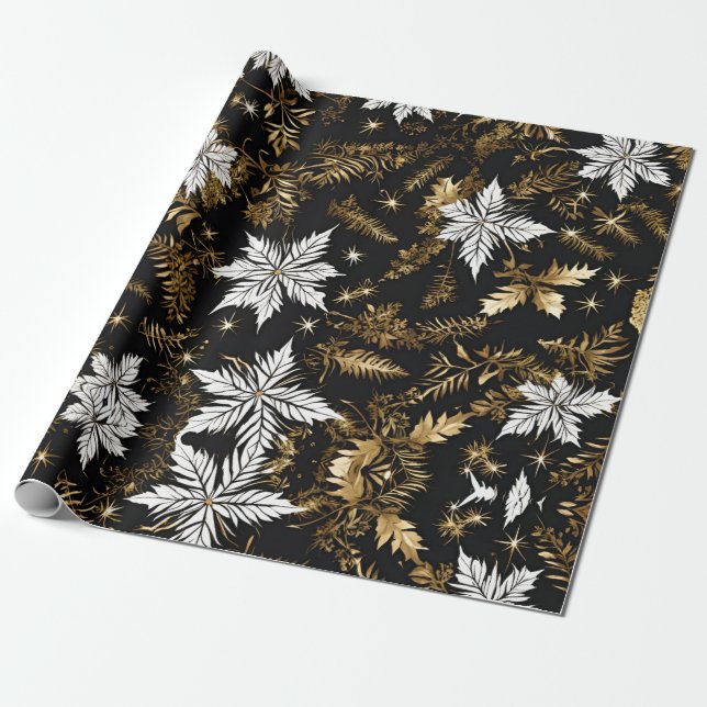 Papel De Regalo Flor de Navidades de oro blanco negro (Desenrollado)