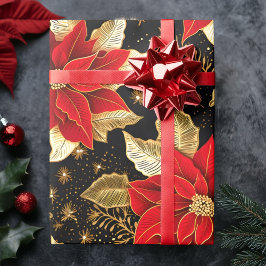 Papel De Regalo Flor de Poinsettia en negro de hojas de oro | NAVI