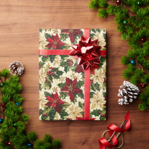 Papel De Regalo Flor De Poinsettia Roja Sobre Un Fondo Blanco