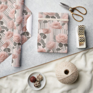 Papel De Regalo Flor de rosa rosa y rayas, aspecto vintage