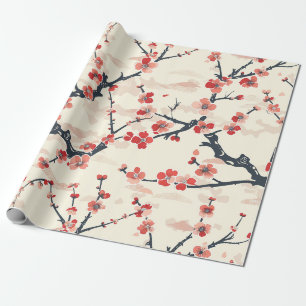 Papel De Regalo Flor de Ume Japonesa Coral Rojo Patrón de Onda de