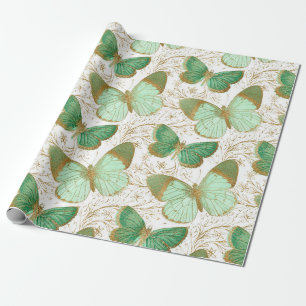 Papel De Regalo Flor floral blanca mariposa verde