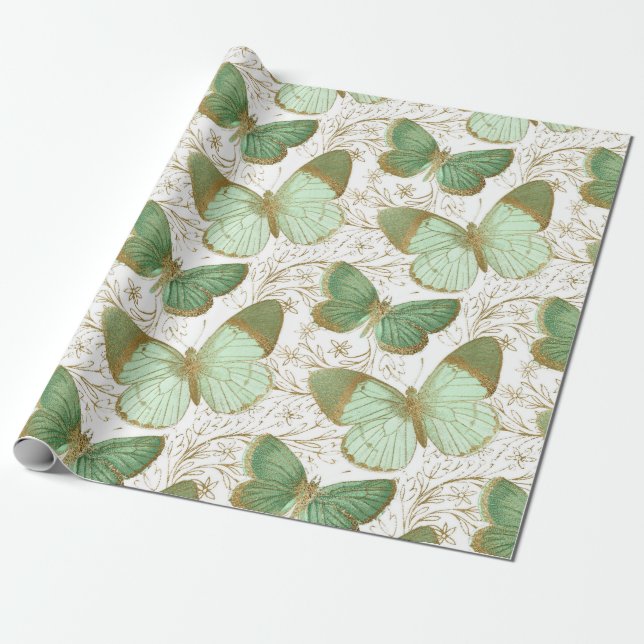 Papel De Regalo Flor floral blanca mariposa verde (Desenrollado)
