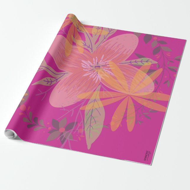 Papel De Regalo Flor Fuchsia de Girly Gold Leaf (Desenrollado)