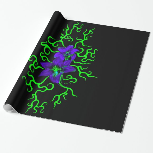Papel De Regalo Flor morada lirio en negro (Desenrollado)