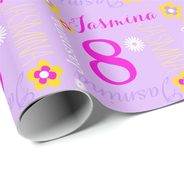 Papel De Regalo Flor morada personalizada de edad rosada 8º cumple (Esquina del rollo)