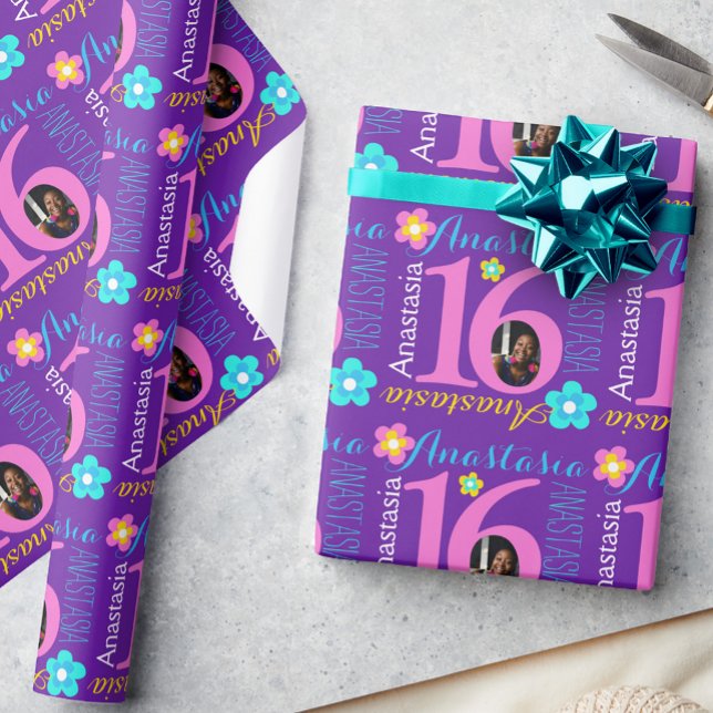 Papel De Regalo Flor nombre personalizado edad 16 cumpleaños ajust (Subido por el creador)