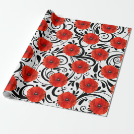 Papel De Regalo Flor roja amapola Moda de franjas de vidrio blanco