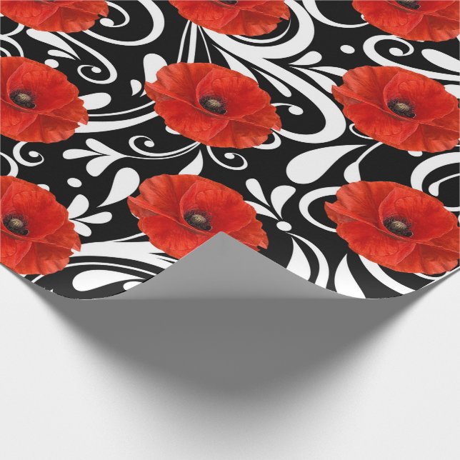 Papel De Regalo Flor roja de amapola blanco negro (Esquina)