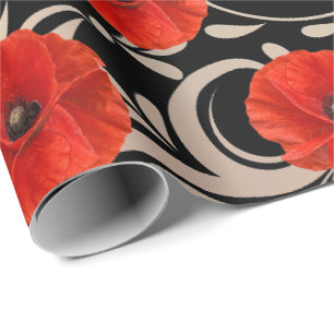 Papel De Regalo Flor roja de amapola blanco negro metálico