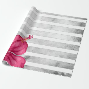 Papel De Regalo Flor rosa acuarela en franja blanca y negra