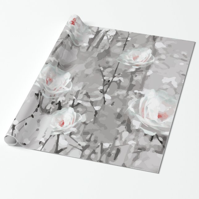Papel De Regalo Flor rosa blanca invierno floral gris (Desenrollado)