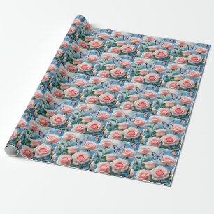 Papel De Regalo Flor rosa rosa suave mariposa azul