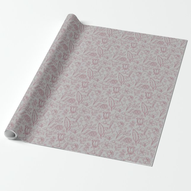 Papel De Regalo Flor rosa simple en gris | (Desenrollado)