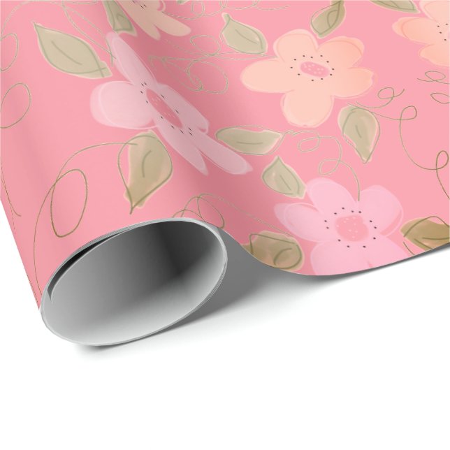Papel De Regalo Flor Rosa Y Peach (Esquina del rollo)