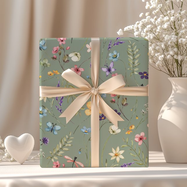 Papel De Regalo Flor salvaje verde sabia y boho mariposa verano (Subido por el creador)