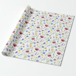 Papel De Regalo Flor silvestre acuarela azul rojo
