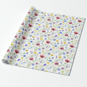 Papel De Regalo Flor silvestre acuarela azul rojo