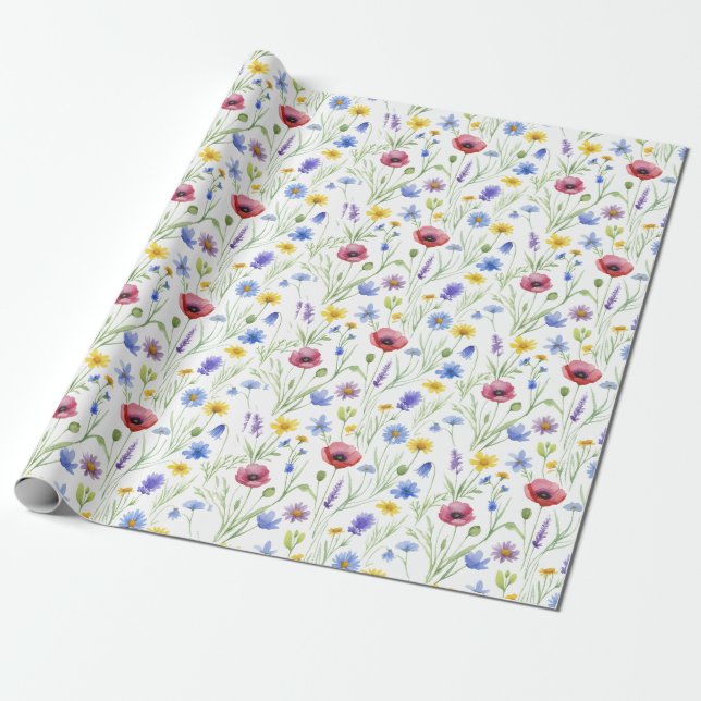 Papel De Regalo Flor silvestre acuarela azul rojo (Desenrollado)