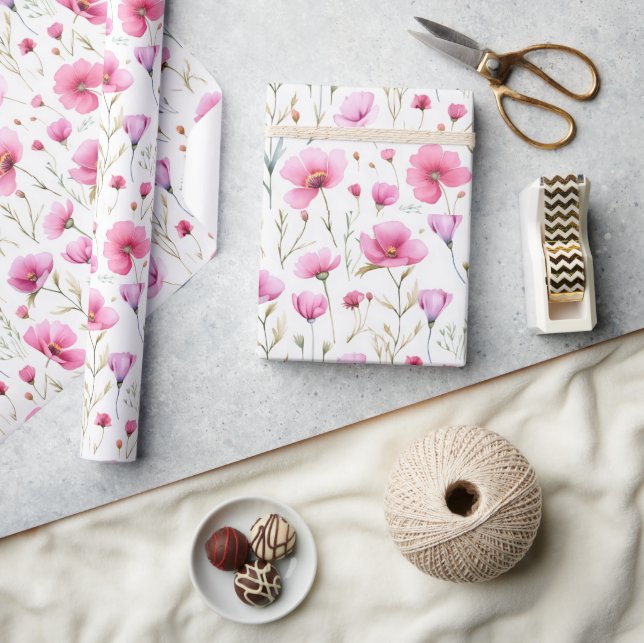 Papel De Regalo Flor silvestre acuarela rosa (Artesanía)