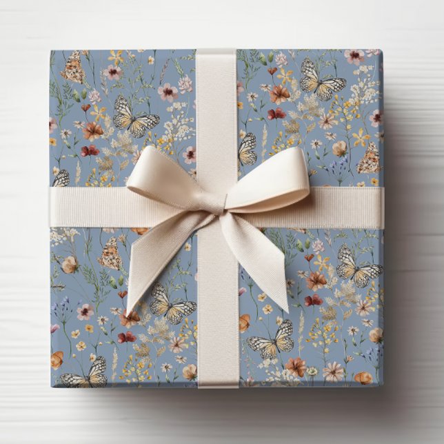 Papel De Regalo Flor Silvestre Azul Boho (Blue Boho Wildflower Wrapping Paper with Butterflies by Painted Paperie
)