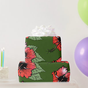 Papel De Regalo Flor tropical roja hibiscus con hojas verdes