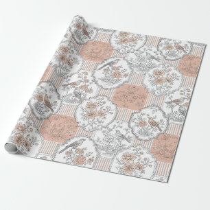 Papel De Regalo Flor Vintage de Pájaro con Raya de Toile (3)